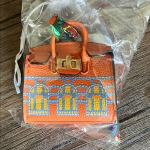 Bag Charm - Mini Orange Leather Top-Handle Bag with Yellow Window Motif